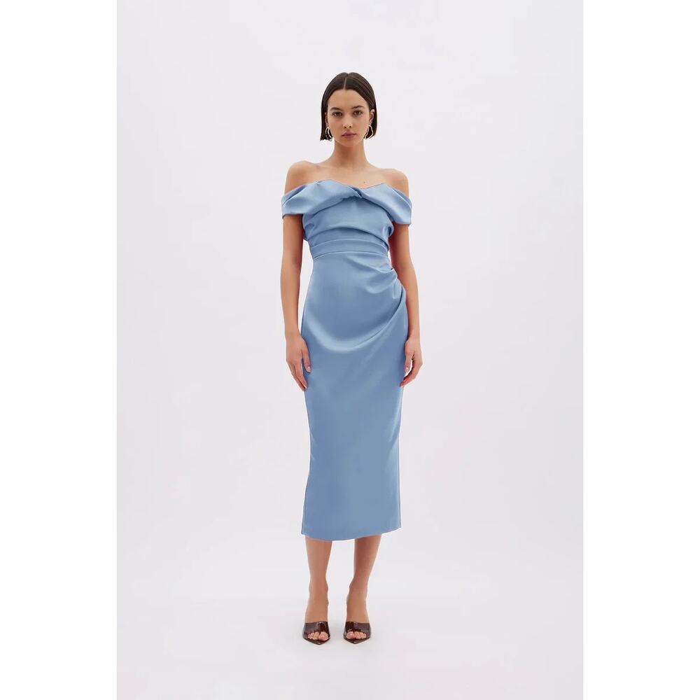 Rachel Gilbert Daria Satin Midi Dress Off Shoulder Draped blue size 5 / US 12